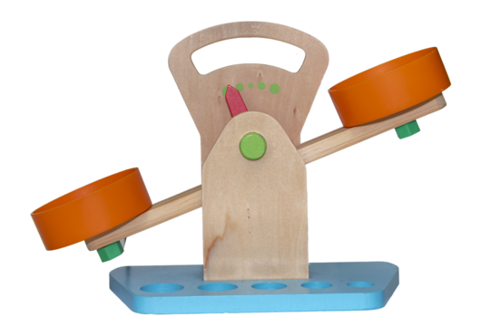 Children's toy wooden scales on a white background, isolate.