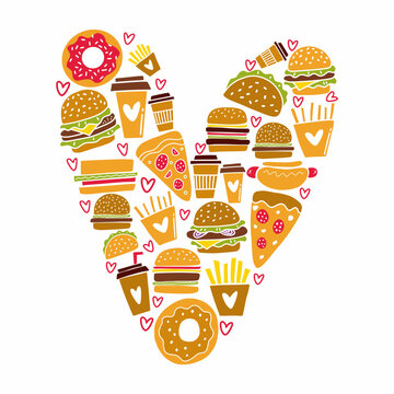 Vector collection of fast food in the shape of a heart drawn by hand in the style of a doodle