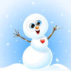 Cute in love snowman with red heart raised hands up and enjoys the winter snowfall from hearts