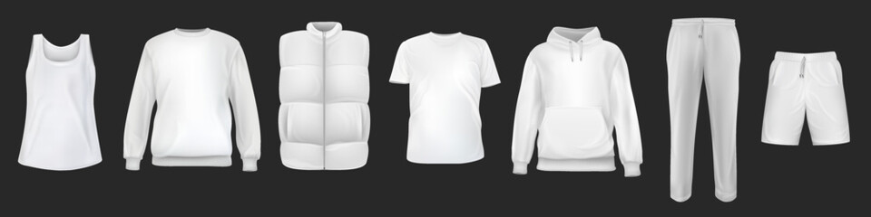 Set of vector realistic white t-shirt, sweatshirt, hoodie, vest, shorts, pants base cloth isolated on black background. 3d mockup for branding or fashion. Collection design casual template.