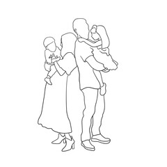 Family continuous line art. Young mom and dad hugging little babys continuous line. Illustration of parents with childs on white background