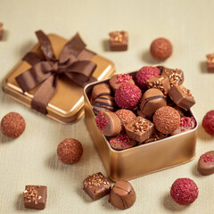 Box of chocolates and confetto or sugared almond top view