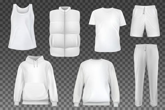 Set of vector realistic white t-shirt, sweatshirt, hoodie, vest, shorts, pants base cloth isolated on transparent background. 3d mockup for branding or fashion. Collection design casual template.