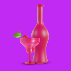 3d realistic cocktail drink and bottle for juice or alcohol with red cherry. Vector object in modern minimal cartoon glossy style. Sweet colorful illustration isolated on vivid background.