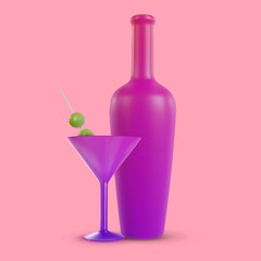 3d realistic cocktail drink and bottle for juice or alcohol. Vector object in modern minimal cartoon glossy style. Sweet colorful illustration isolated on simple vivid background.