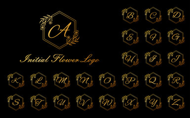 Set of Luxury Circle Alphabet Letter Floral Design. Elegant Gold Alphabet Royal Logo Icon.