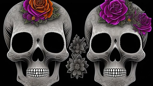 Illustration Of A Decorated Female Sugar Skull Dia De Muertos With Flowers Background.