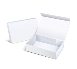 White empty paper boxes open and close for your design, mockup, empty template isolated on white background with shadow, convenient display angle for showcasing items. Vector illustration