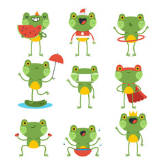 Obraz premium Funny frogs characters vector cartoon set isolated on a white background.