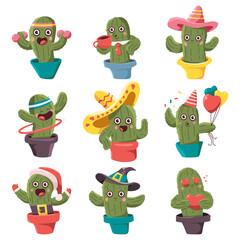 Cute cactus in pot characters vector cartoon set isolated on a white background.