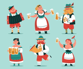 Cute Oktoberfest characters vector cartoon people set isolated on background.