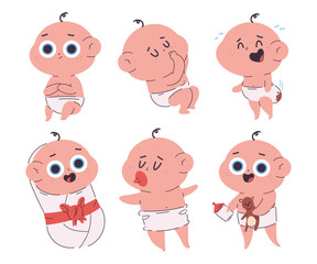 Funny newborn baby in diapers vector cartoon characters set isolated on a white background.