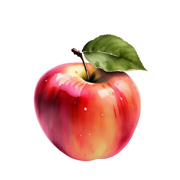 Fresh Red Apple Fruit with Leaf Watercolor Painting Illustration Vector