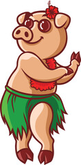 Cute Hula Dancing Pig Cartoon Character - obrazy, fototapety, plakaty