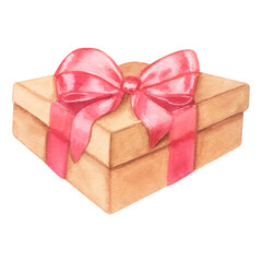 Gift box with pink satin bow. Hand drawn watercolor illustration. Isolated on white background. Valentine's Day, Happy birthday, New Year Christmas