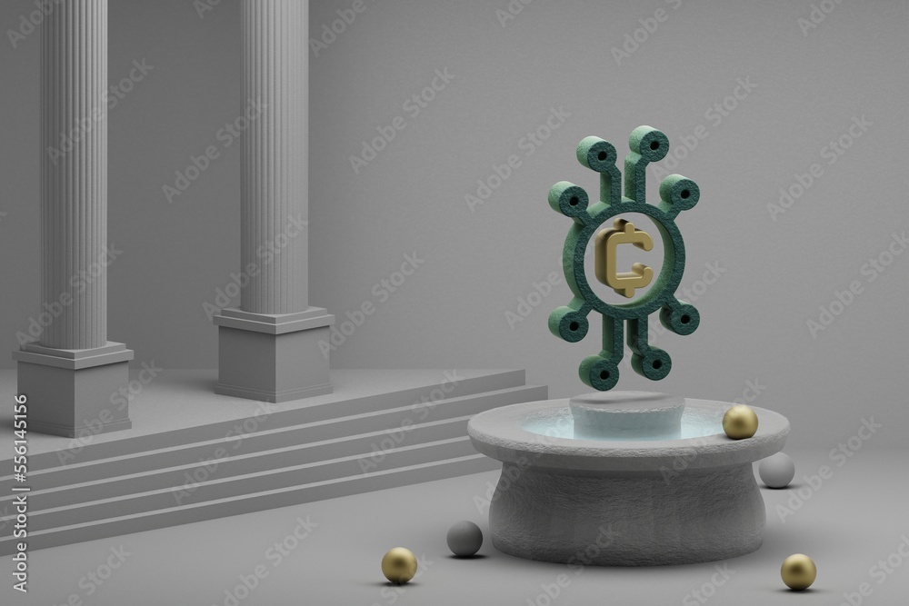 Fototapete beautiful illustrations blockchain token symbol icon on a fountain and column background. 3d renderi