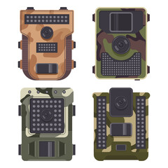 Trail camera vector cartoon set isolated on a white background.