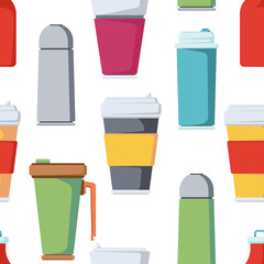 Travel tumbler and mug vector cartoon seamless pattern background for wallpaper, wrapping, packing, and backdrop.