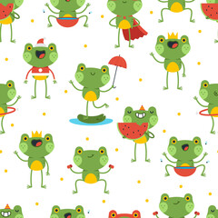 Naklejka premium Funny frogs characters vector cartoon seamless pattern background for wallpaper, wrapping, packing, and backdrop.