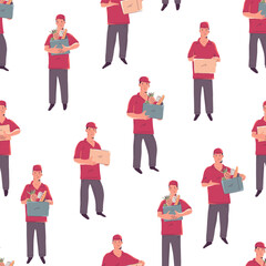 Obraz premium Deliveryman vector cartoon seamless pattern background for wallpaper, wrapping, packing, and backdrop.