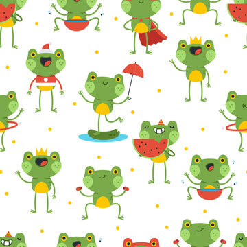 Funny frogs characters vector cartoon seamless pattern background for wallpaper, wrapping, packing, and backdrop.