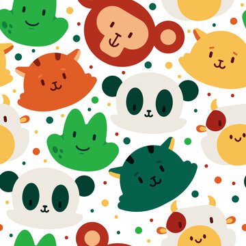 Cute animal heads vector cartoon seamless pattern background for wallpaper, wrapping, packing, and backdrop.