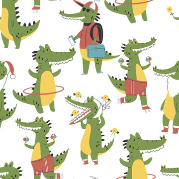 Cute crocodiles vector cartoon seamless pattern background for wallpaper, wrapping, packing, and backdrop.
