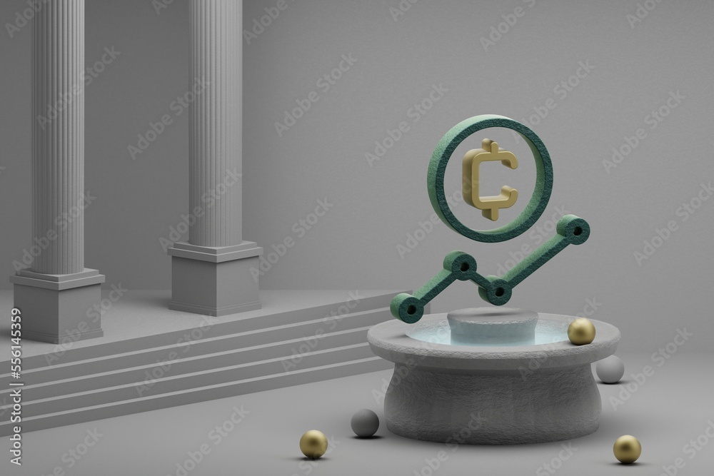 Poster Beautiful illustrations Cryptocurrency CoinUP symbol icon on a fountain and column background. 3d rendering illustration. Background pattern for design.