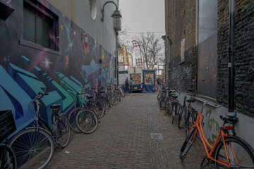 Bikes in the street of a Holland city 