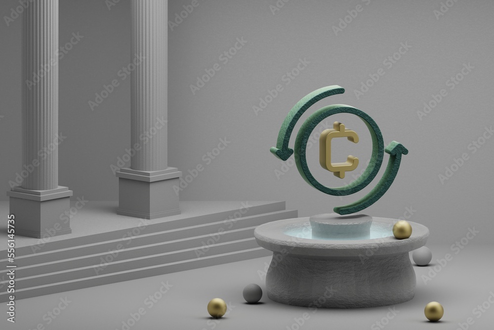 Poster Beautiful illustrations Cryptocurrency Coin symbol icon on a fountain and column background. 3d rendering illustration. Background pattern for design.