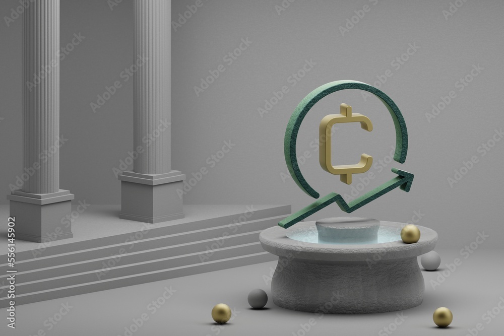 Fototapete beautiful illustrations cryptocurrency coinup symbol icon on a fountain and column background. 3d re