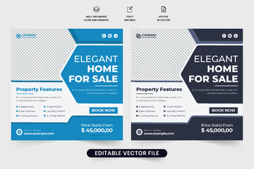 Creative home selling business promo template design with price section and photo placeholders. Modern real estate business advertisement poster with blue and dark colors. Property management agency.