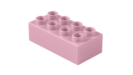 Cameo Pink Plastic Block Isolated on a White Background. Children Toy Brick, Perspective View. Close Up View of a Game Block for Constructors. 3D illustration with a Work Path. 8K Ultra HD