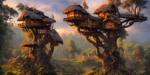 Treehouse, valley, fairytale treehouse village covered,matte painting, dynamic lighting, cinematic, realism, realistic, sunset,high contrast