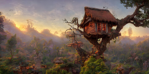 Fototapeta premium Treehouse, valley, fairytale treehouse village covered,matte painting, dynamic lighting, cinematic, realism, realistic, sunset,high contrast
