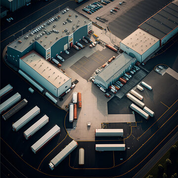 Aerial image of a logistics base. Warehouse of a company with transport trucks. Image generated with AI.