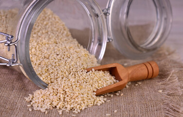 Sesame seeds in a jar close-up.
