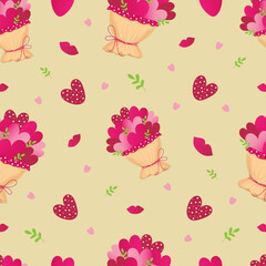 Seamless pattern with bouquet of hearts on beige background. Design for Valentines Day, Womans Day, Mothers Day, Birthday.