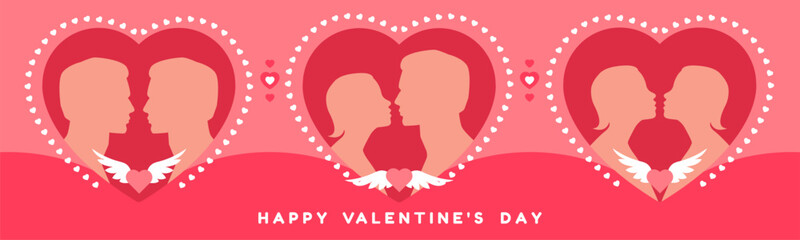 Happy Valentine's Day greeting card flat design. Banner with a couple of people in love. Pink romantic background. Happy Valentine's Day greeting card template. Vector illustration