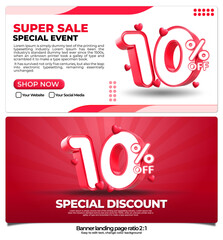 banner pack for landing page,  online shop discount sale promo product, special price on week with 3D render number 10% and element 3D love icon, easy to edit, ready to use, red color ratio 2:1