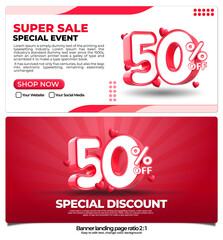 Obraz premium banner pack for landing page, online shop discount sale promo product, special price on week with 3D render number 50% and element 3D love icon, easy to edit, ready to use, red color ratio 2:1