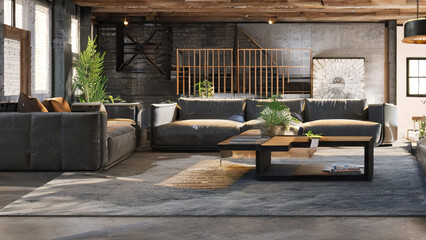 postmodern living room interior in loft, industrial style, vintage, Generative AI