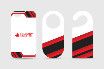 Special door hangers and phone case design for business branding. Corporate identity advertisement template design with red and dark colors. Office stationery template bundle for marketing.