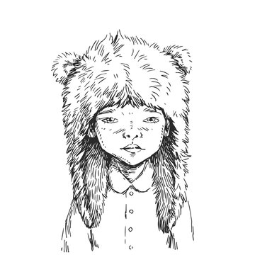 Vector hand-drawn illustration of a child in bear hat isolated on white. Sketch with cute character.