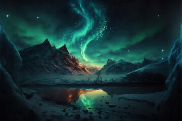 fictional Aurora borealis, colorful northern light  stunning image , inscribing green aurora borealis, snowy mountains, mystical mountains, generative ai, 