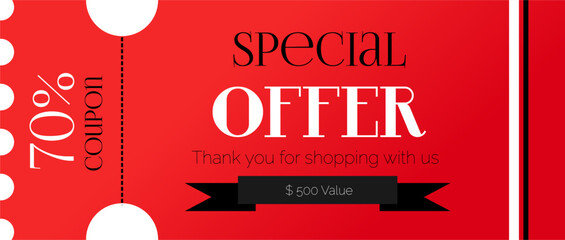Gift coupon, voucher with a red bow. 500 dollars  70%