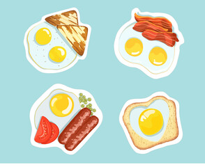 A set of options for cooking fried eggs with a side dish. Vector image. - 556149712