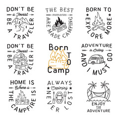 Camping Badges Set in minimalist Line Art Style with Different Quotes. Travel linear Emblems. Hiking Silhouette Labels. Stock prints