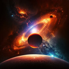 fantasy fabulous wide panoramic photo background with space and planets. 3D illustration, background, environment, future imagine.