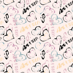 Bright seamless texture with hearts and kisses drawn in doodle style. Pattern for wrapping paper for Valentine's Day, wedding